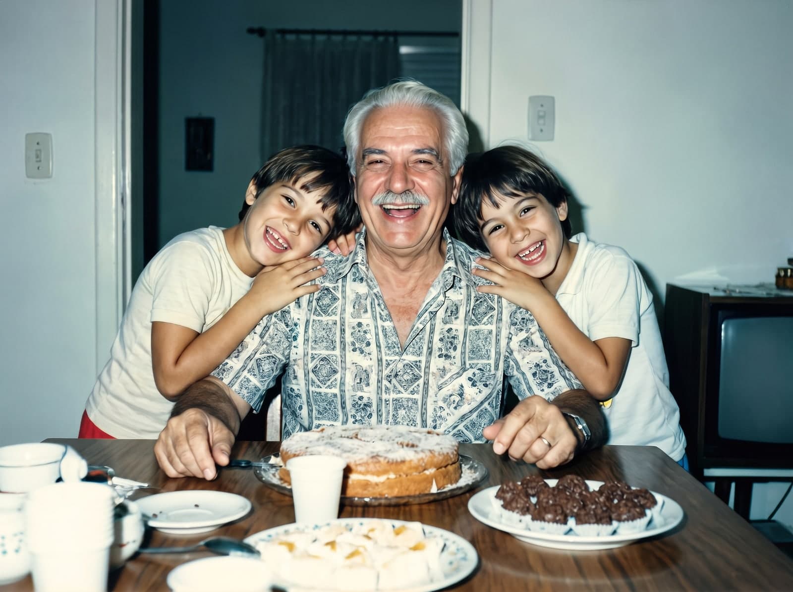 A mesma foto de aniversário restaurada, com cores vivas e os rostos nítidos