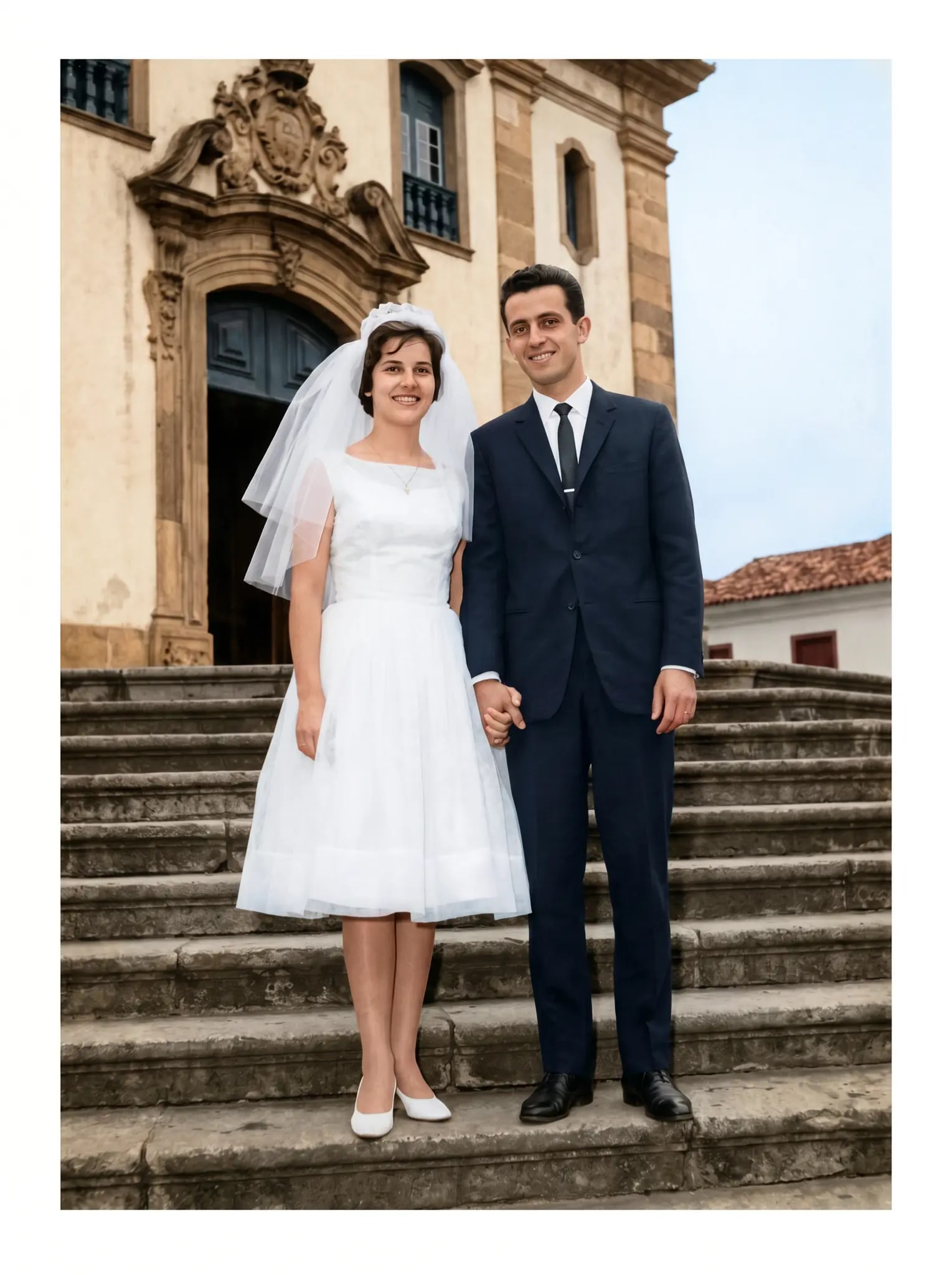 Casal de noivos em foto preto e branco com vinco e rasgo na borda — restaurada e colorizada. — depois